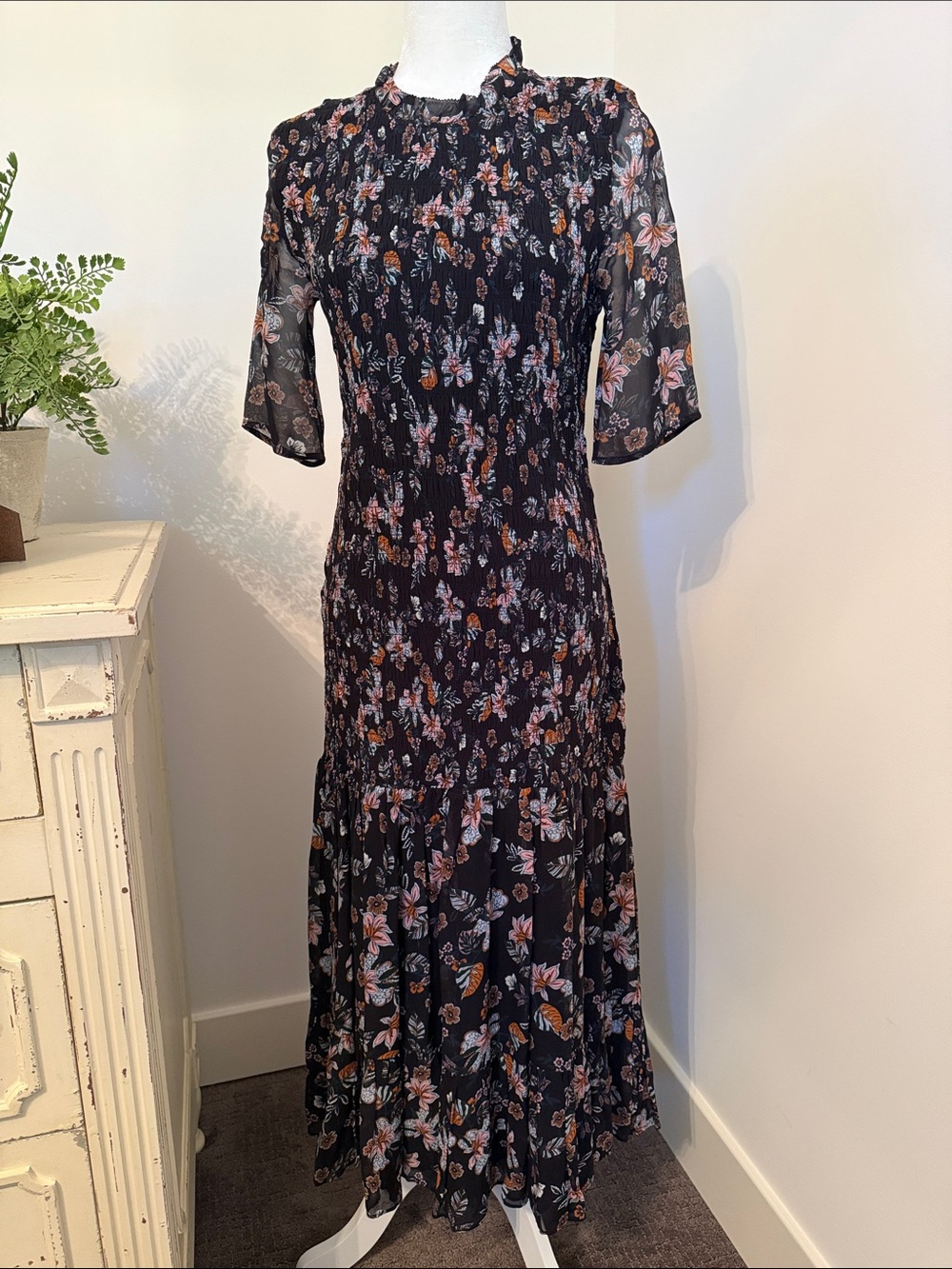 Floral Black Midi Dress with Ruffle Neck